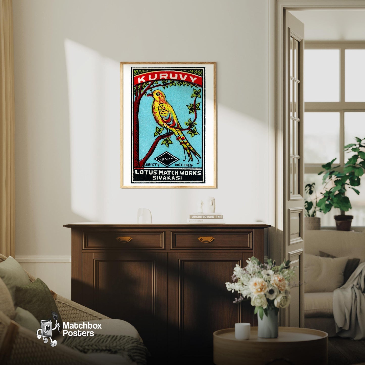 Yellow Bird - vintage matchbox label print - living room mockup
