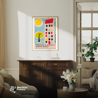 Geometric Tree and Building - vintage matchbox label print - living room mockup