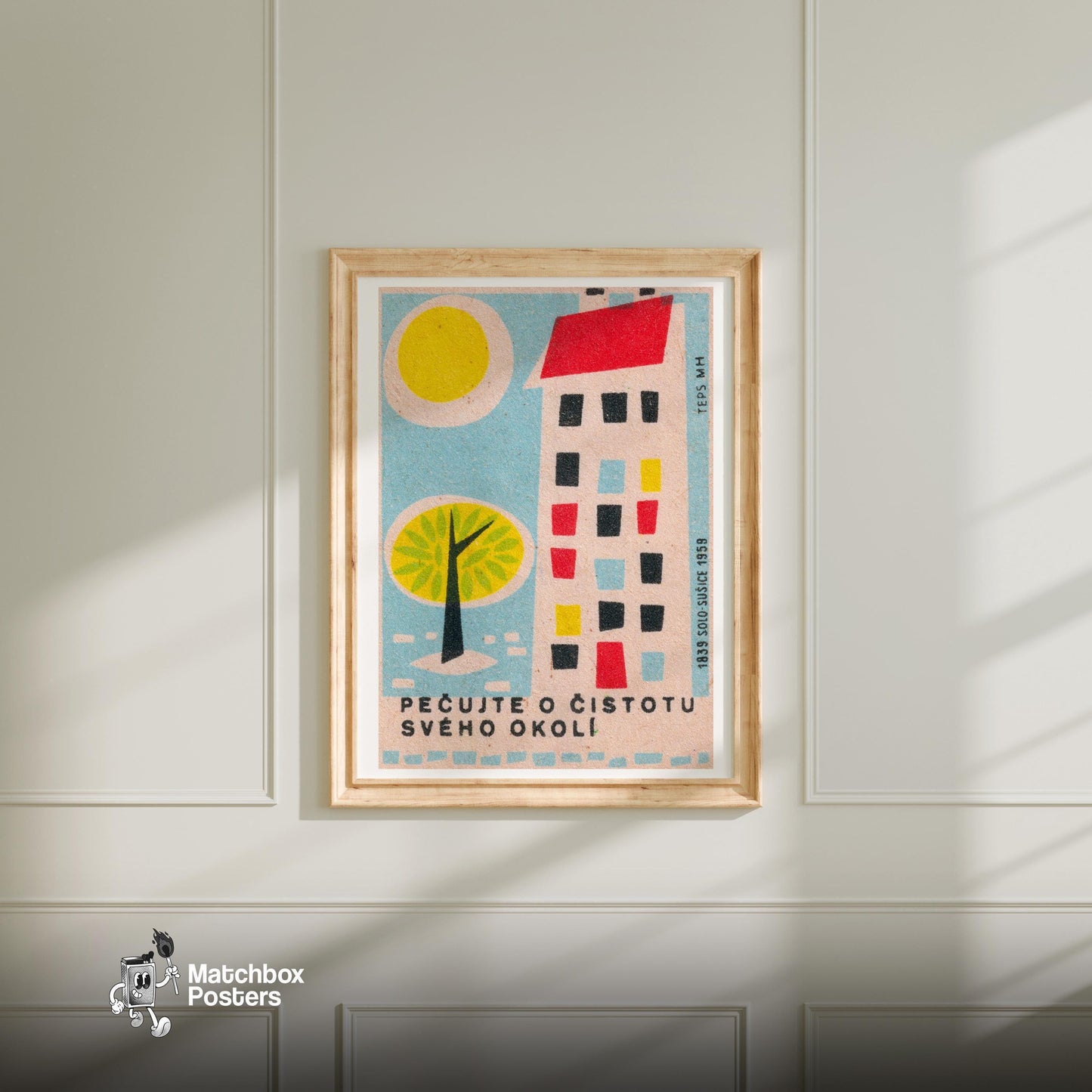 Geometric Tree and Building - vintage matchbox label print - bedroom mockup