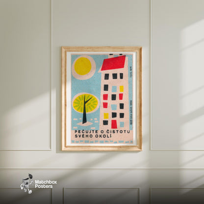 Geometric Tree and Building - vintage matchbox label print - bedroom mockup