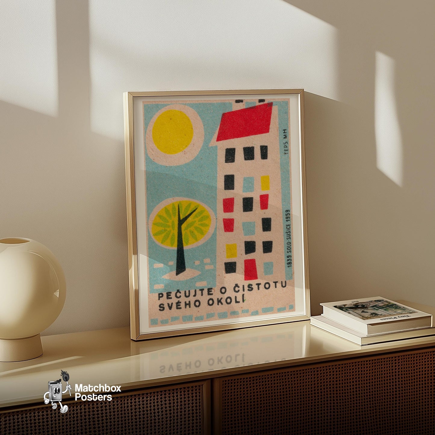 Geometric Tree and Building - vintage matchbox label print - size comparison