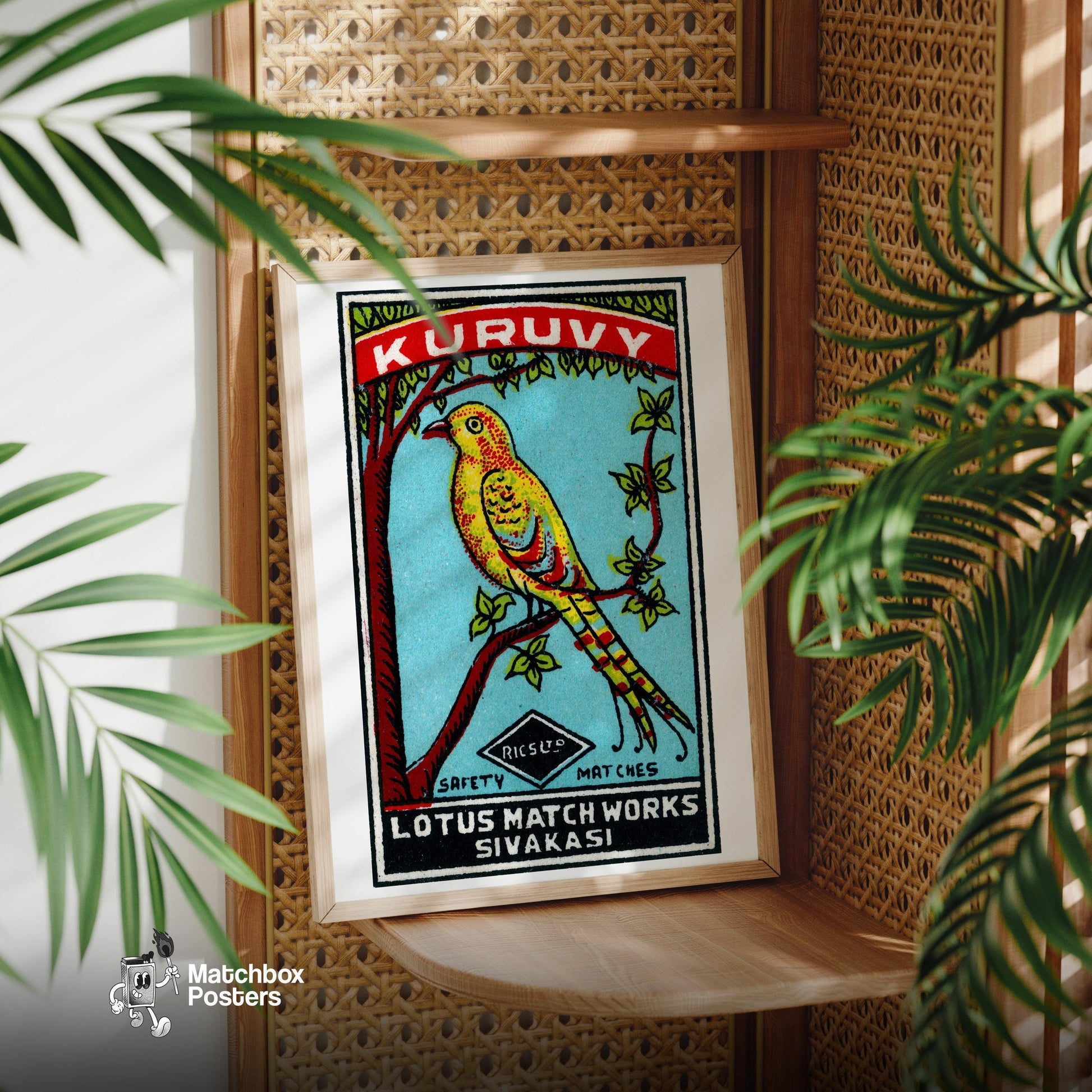 Yellow Bird - vintage matchbox label print - office wall
