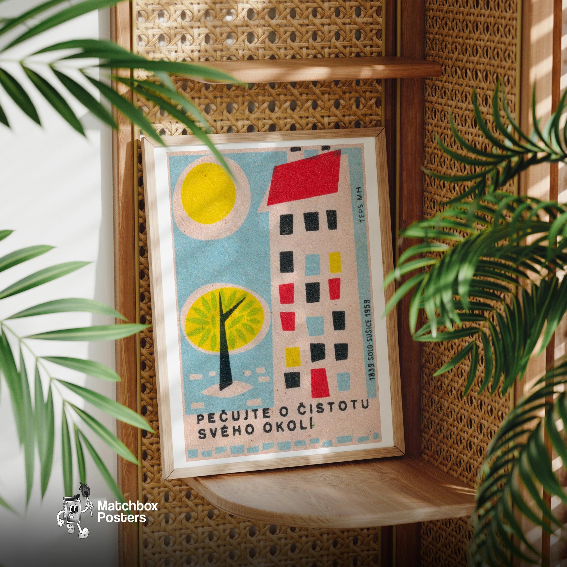 Geometric Tree and Building - vintage matchbox label print - office wall