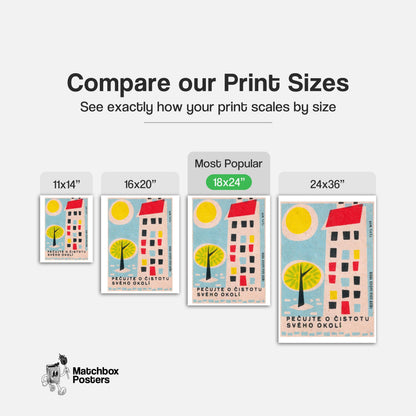 Geometric Tree and Building - vintage matchbox label print - gallery wall preview