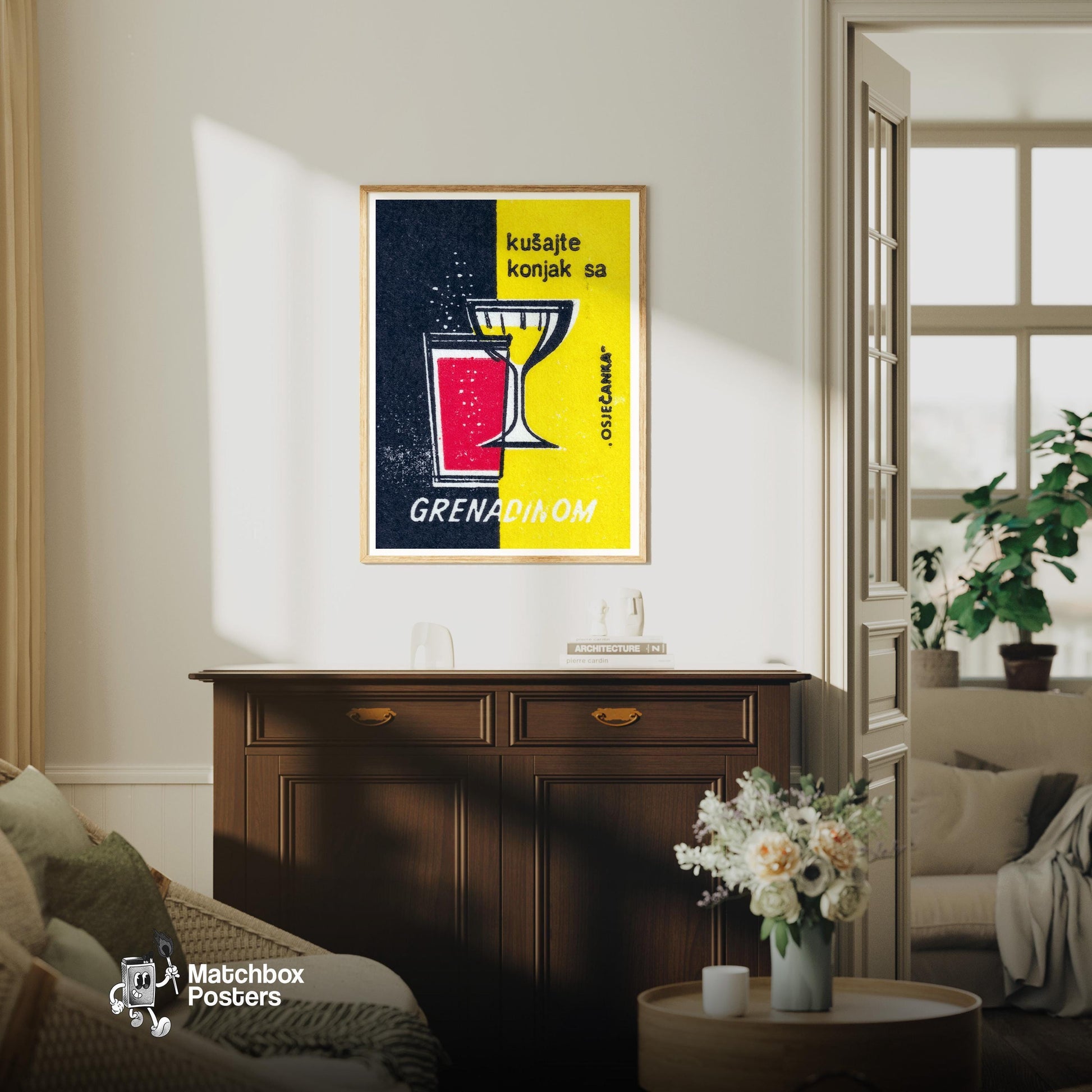 Cocktail Glass - vintage matchbox label print - living room mockup