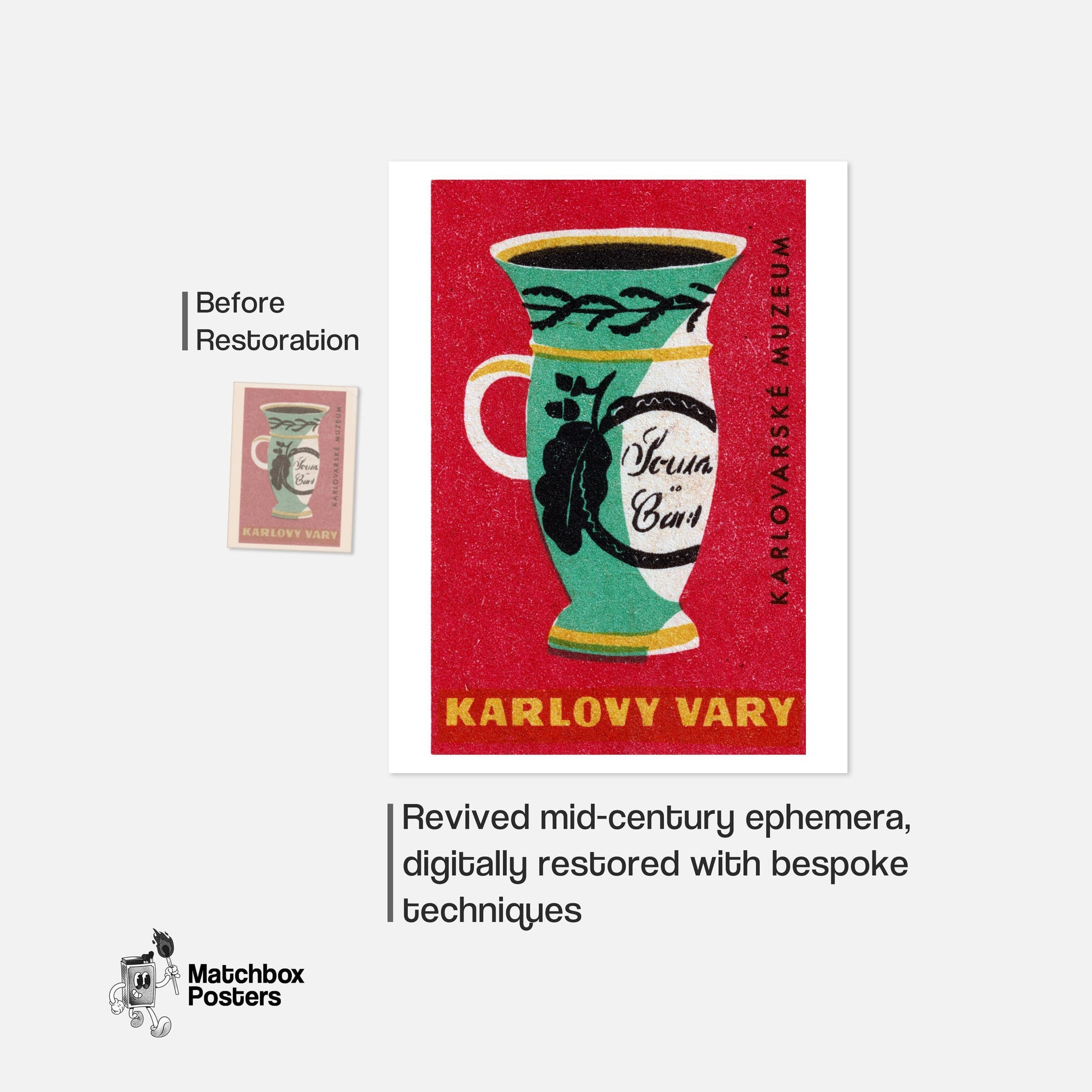 Decorative Ceramic Mug - vintage matchbox label print - close-up detail