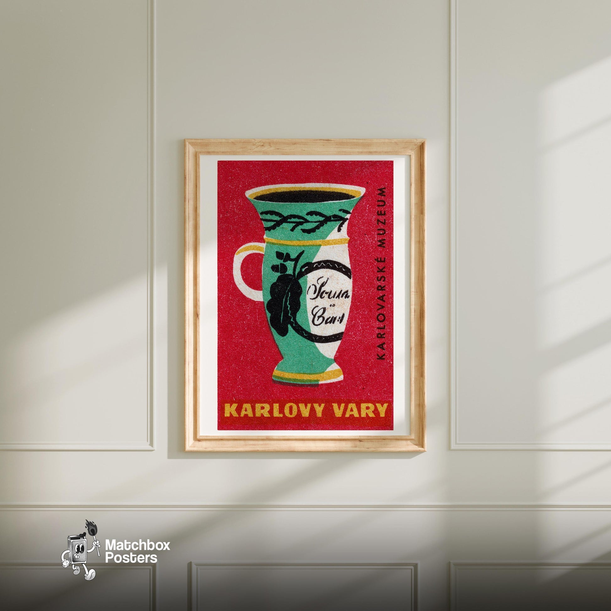 Decorative Ceramic Mug - vintage matchbox label print - living room mockup