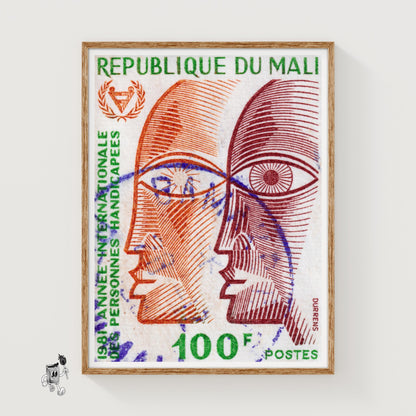 Stylized Faces Mali 1980s - vintage matchbox label print