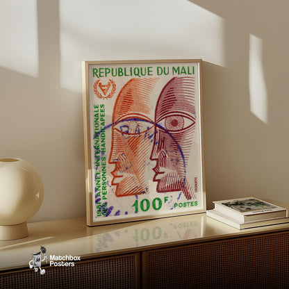 Stylized Faces Mali 1980s - vintage matchbox label print - size comparison