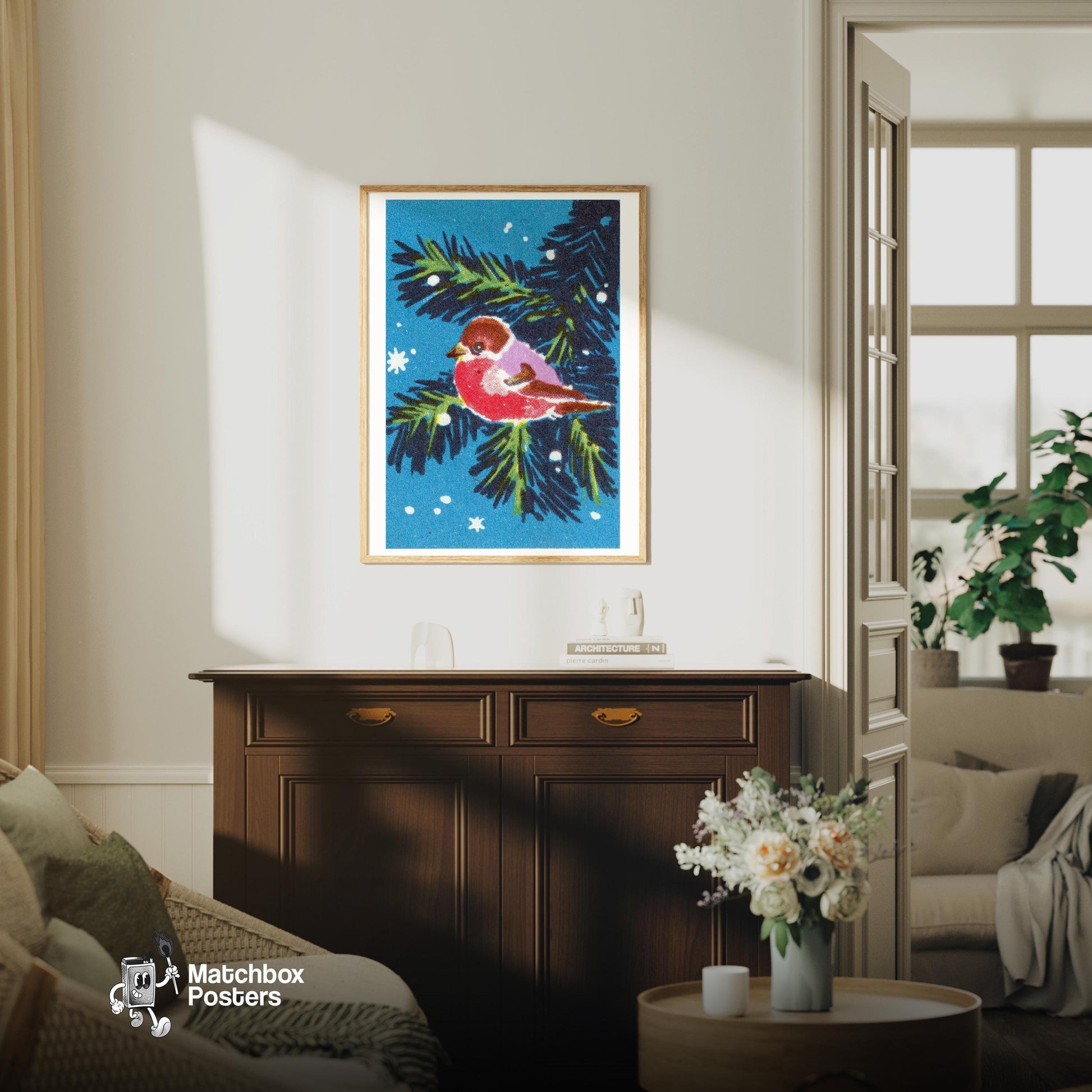 Red Bird - vintage matchbox label print - living room mockup