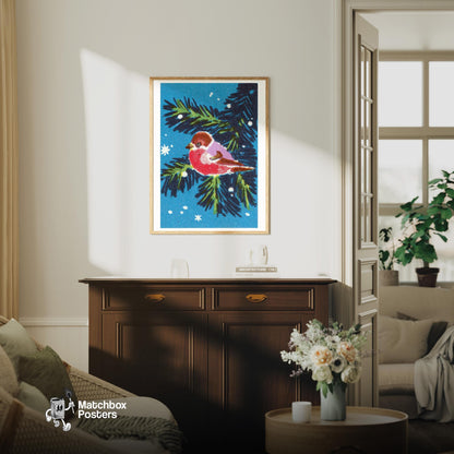 Red Bird - vintage matchbox label print - living room mockup