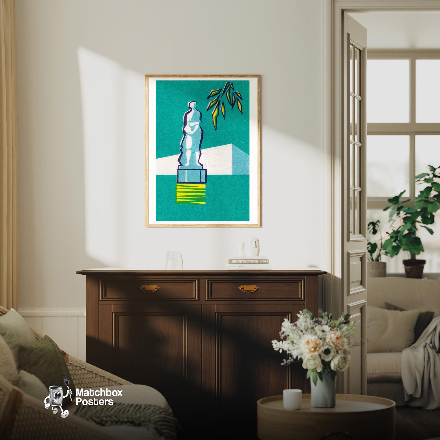 Statue Bust - vintage matchbox label print - living room mockup