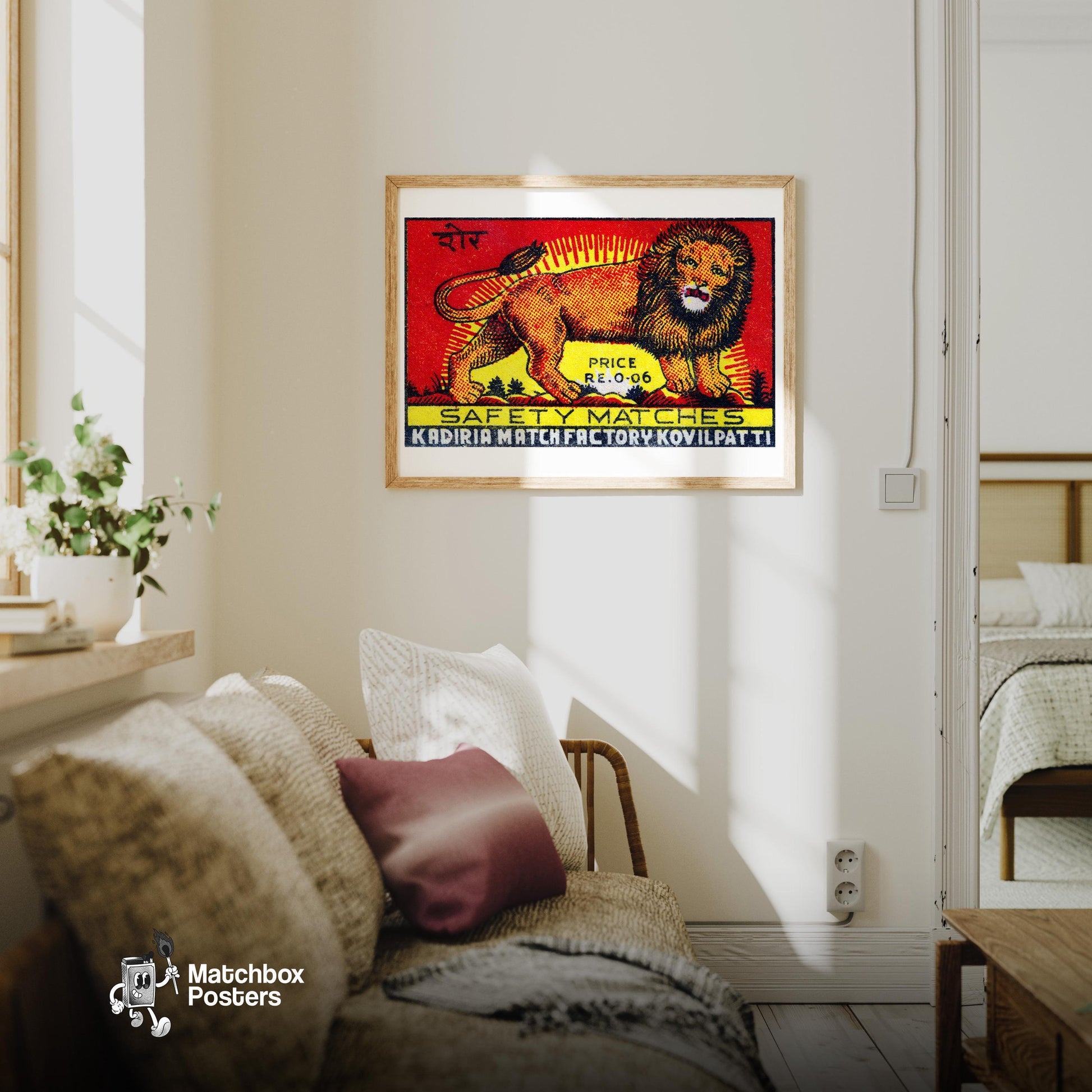 Lion - vintage matchbox label print - living room mockup