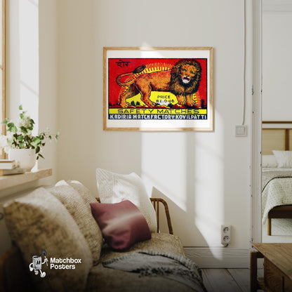 Lion - vintage matchbox label print - living room mockup