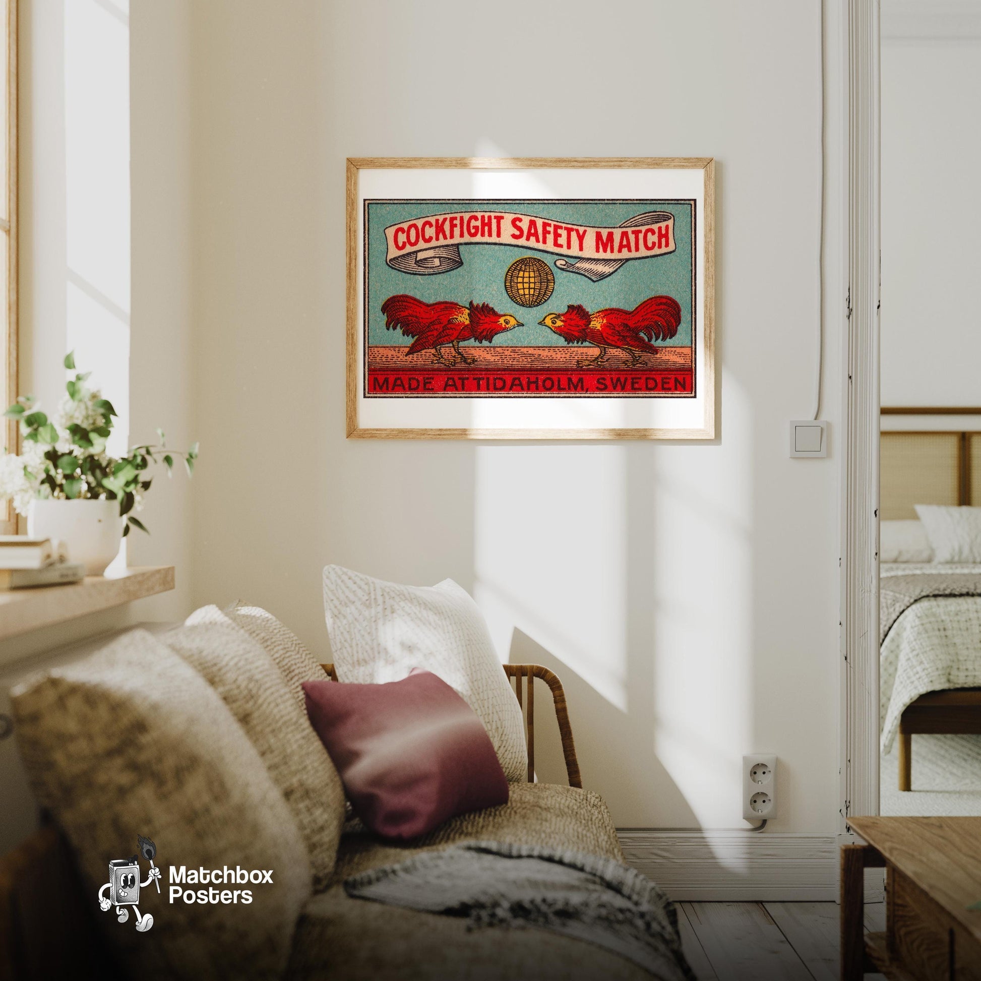 Fighting Roosters - vintage matchbox label print - living room mockup