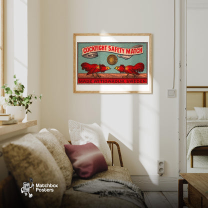Fighting Roosters - vintage matchbox label print - living room mockup