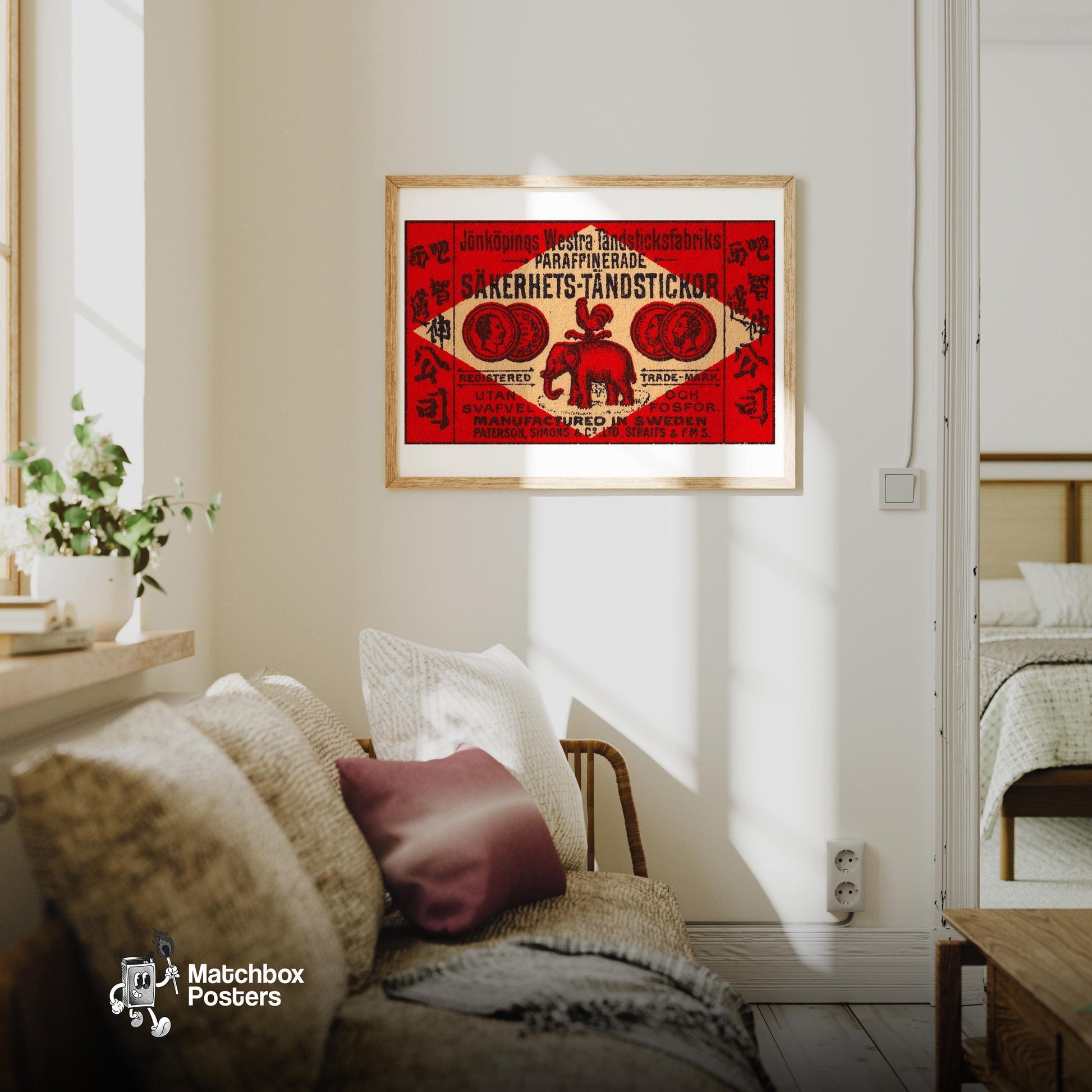 Red Elephant - vintage matchbox label print - living room mockup