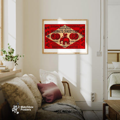 Red Elephant - vintage matchbox label print - living room mockup
