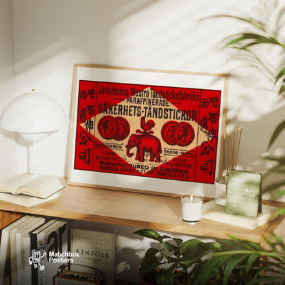 Red Elephant - vintage matchbox label print - office wall