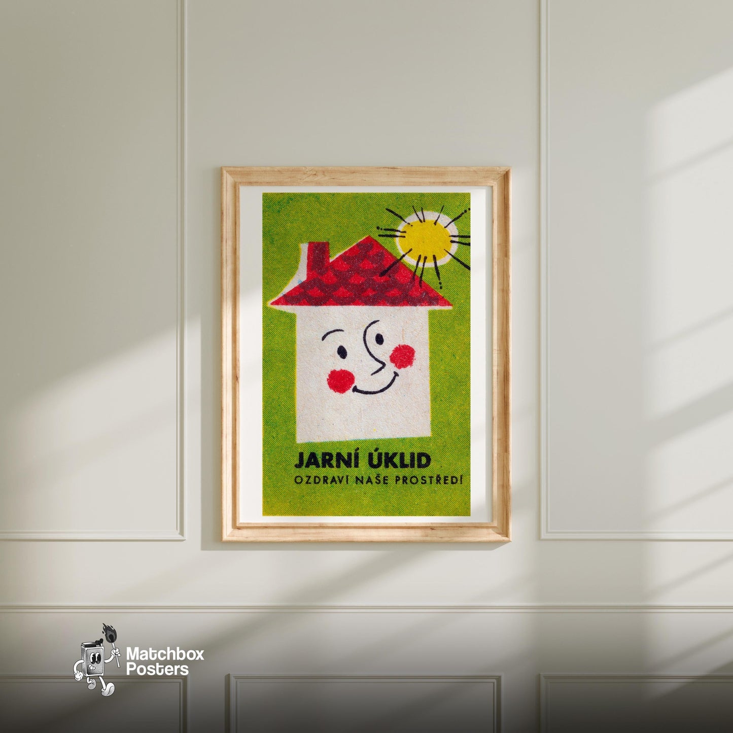 Stylized Smiling Face - vintage matchbox label print - bedroom mockup