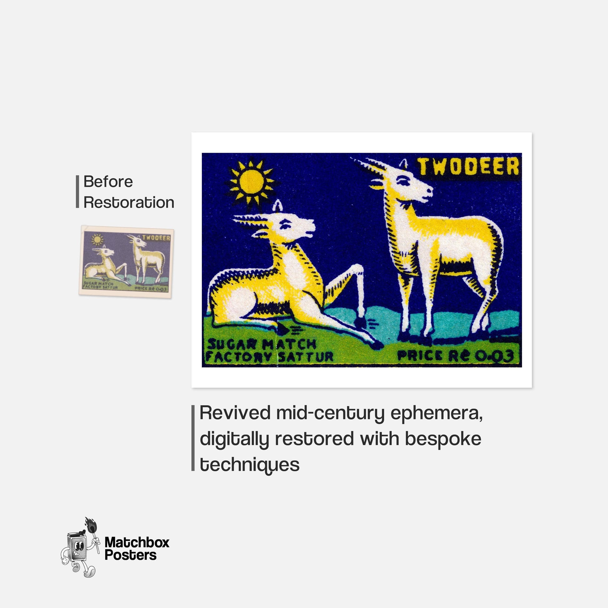 Two Golden Deer - vintage matchbox label print - framed wall art preview
