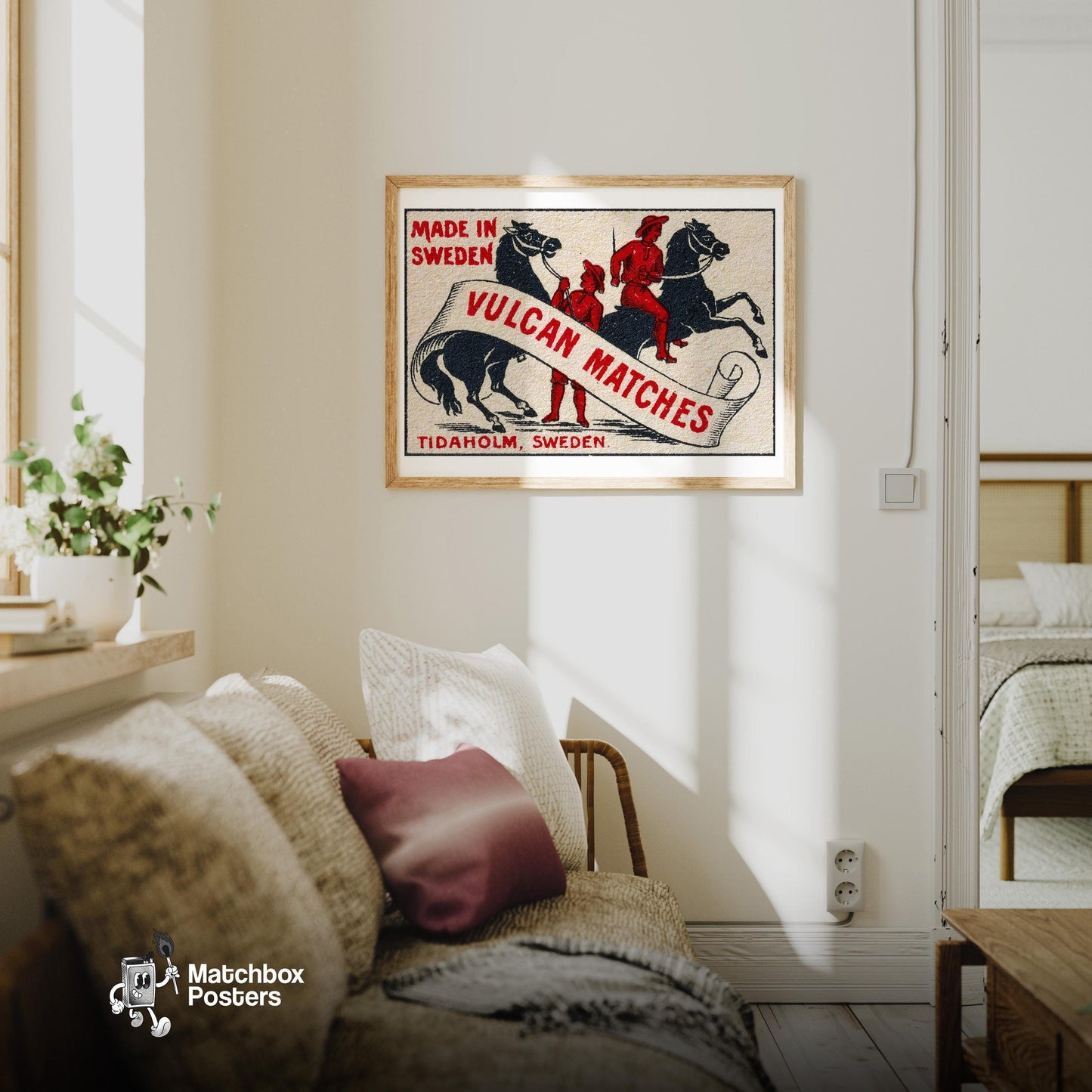 Two Riders - vintage matchbox label print - living room mockup