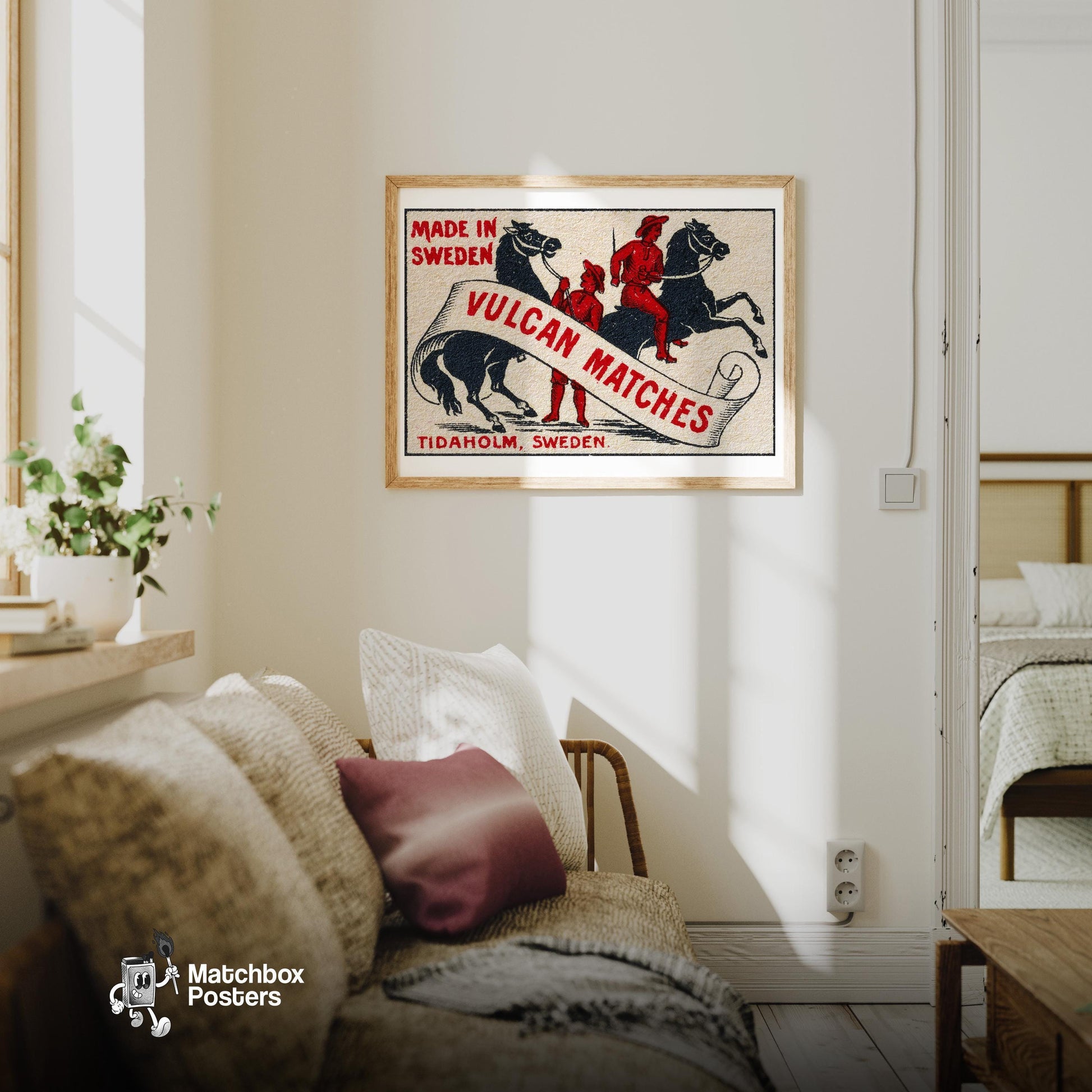 Two Riders - vintage matchbox label print - living room mockup