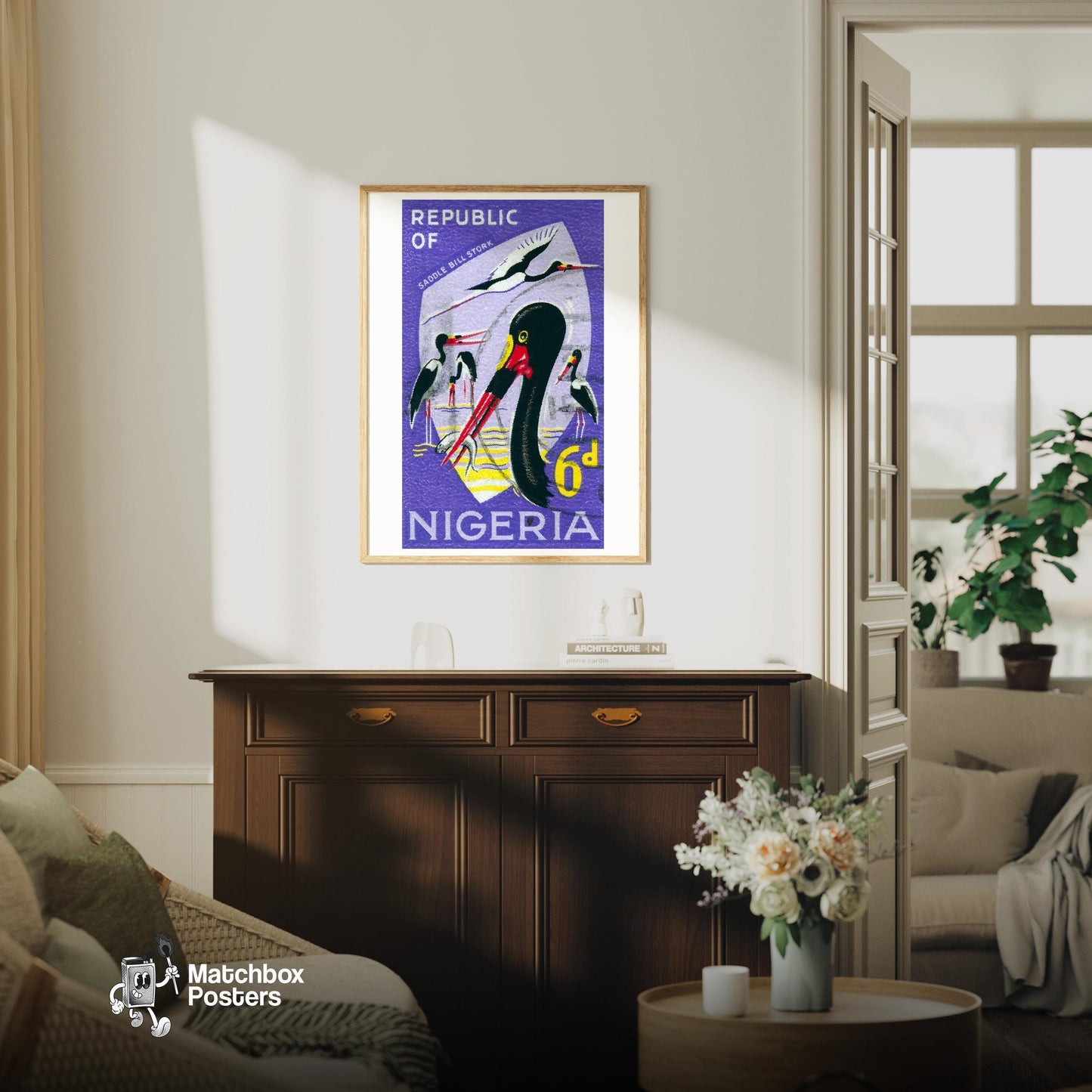 Saddle-Billed Stork Illustration Nigeria - vintage matchbox label print - living room mockup