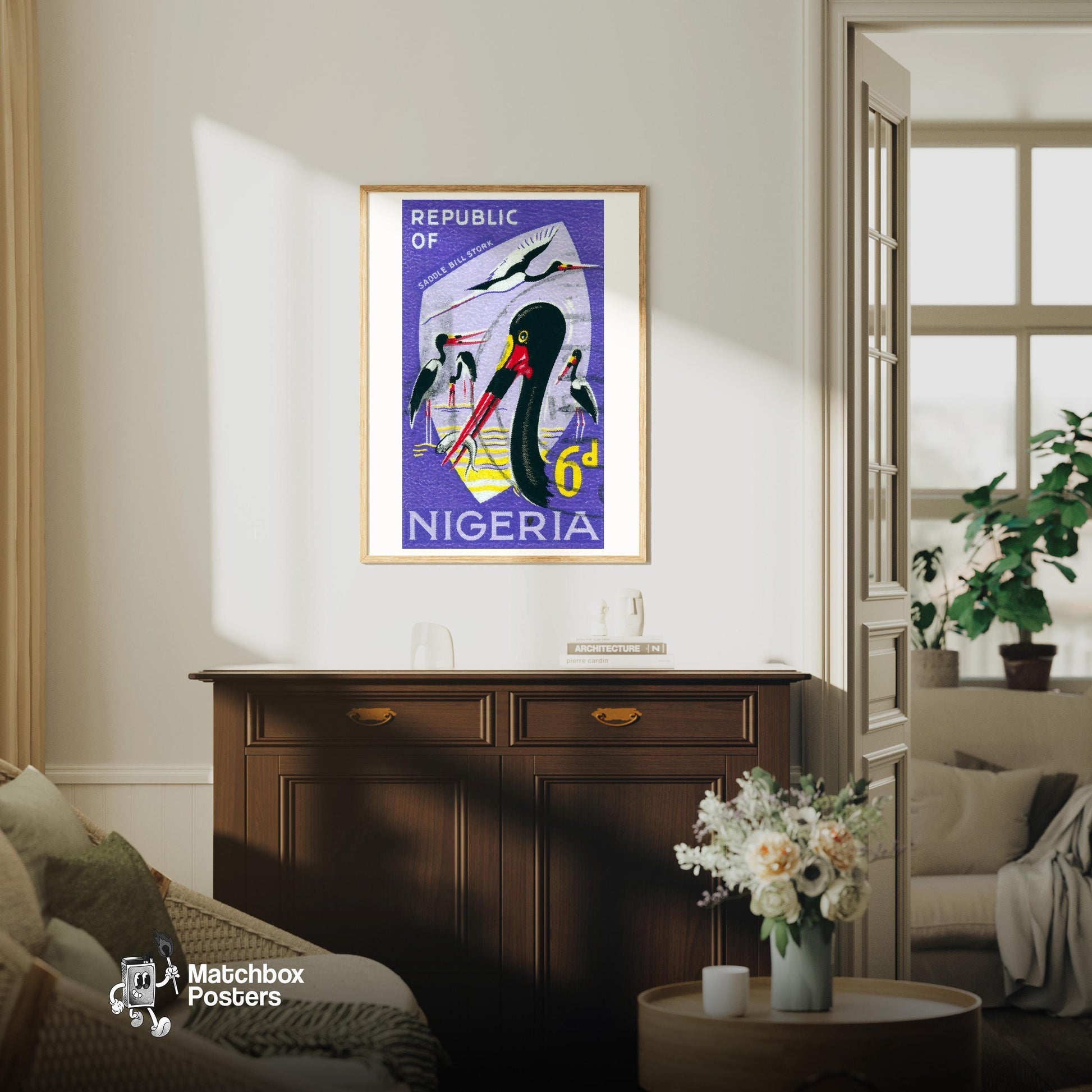 Saddle-Billed Stork Illustration Nigeria - vintage matchbox label print - living room mockup