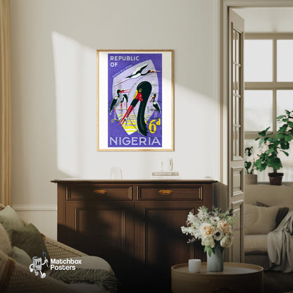 Saddle-Billed Stork Illustration Nigeria - vintage matchbox label print - living room mockup