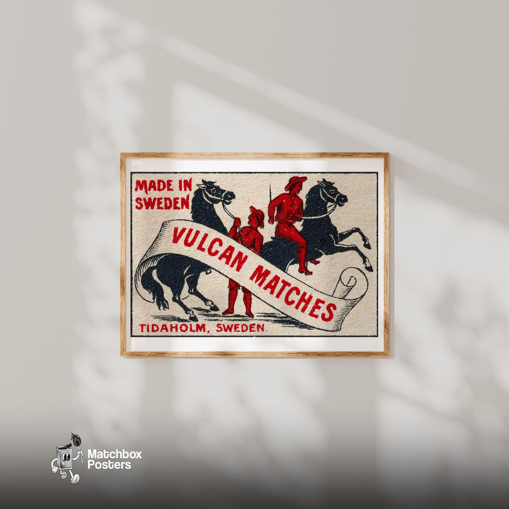 Two Riders - vintage matchbox label print - bedroom mockup