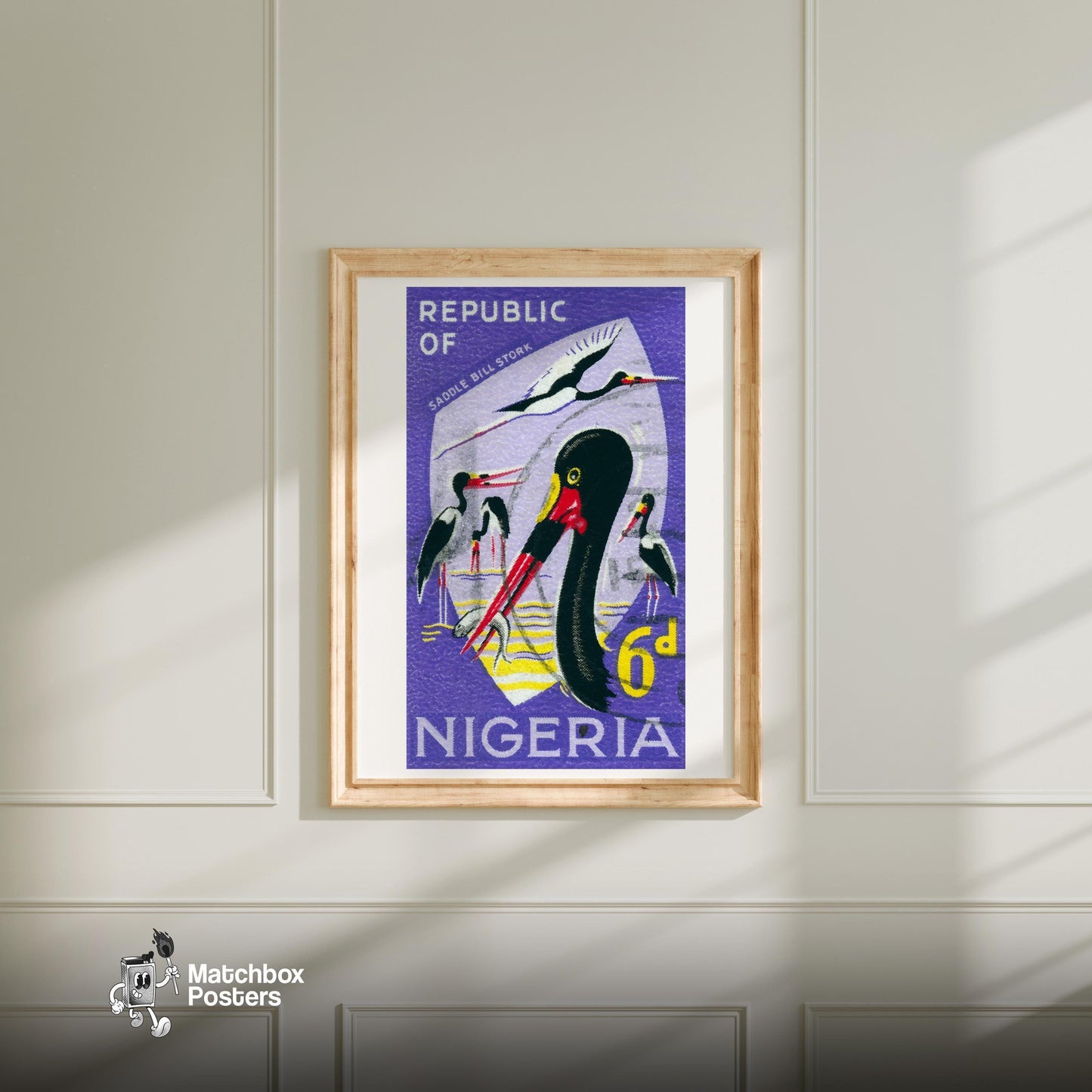Saddle-Billed Stork Illustration Nigeria - vintage matchbox label print - bedroom mockup