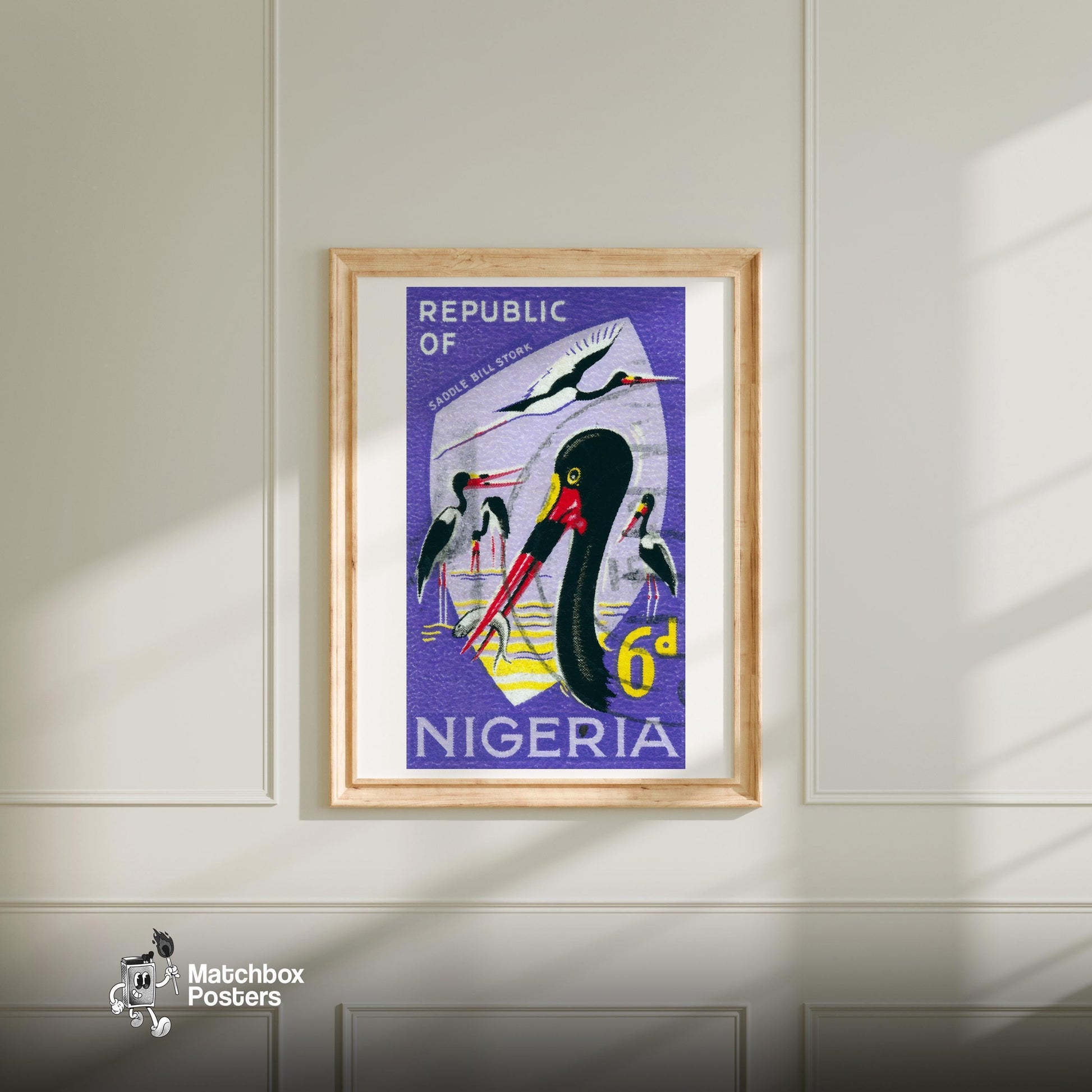 Saddle-Billed Stork Illustration Nigeria - vintage matchbox label print - bedroom mockup