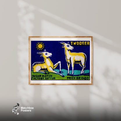 Two Golden Deer - vintage matchbox label print - bedroom mockup