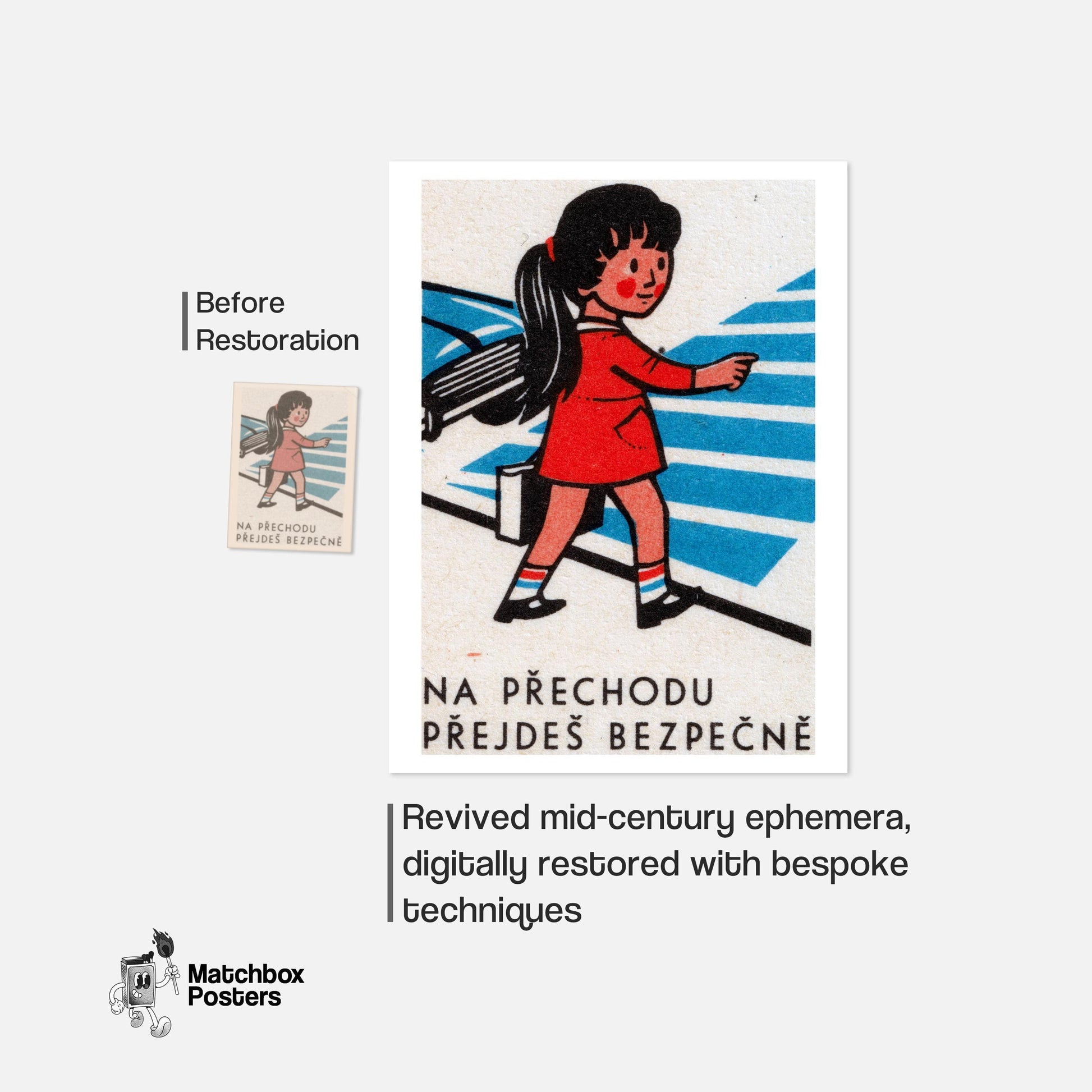 Girl Crossing Street - vintage matchbox label print - framed wall art preview