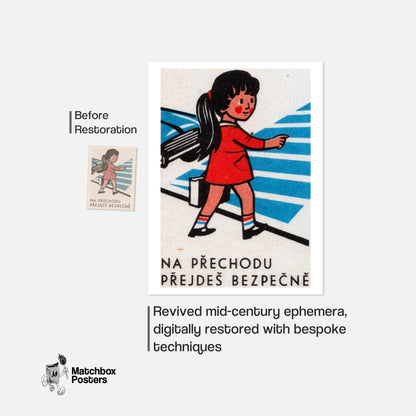 Girl Crossing Street - vintage matchbox label print - framed wall art preview