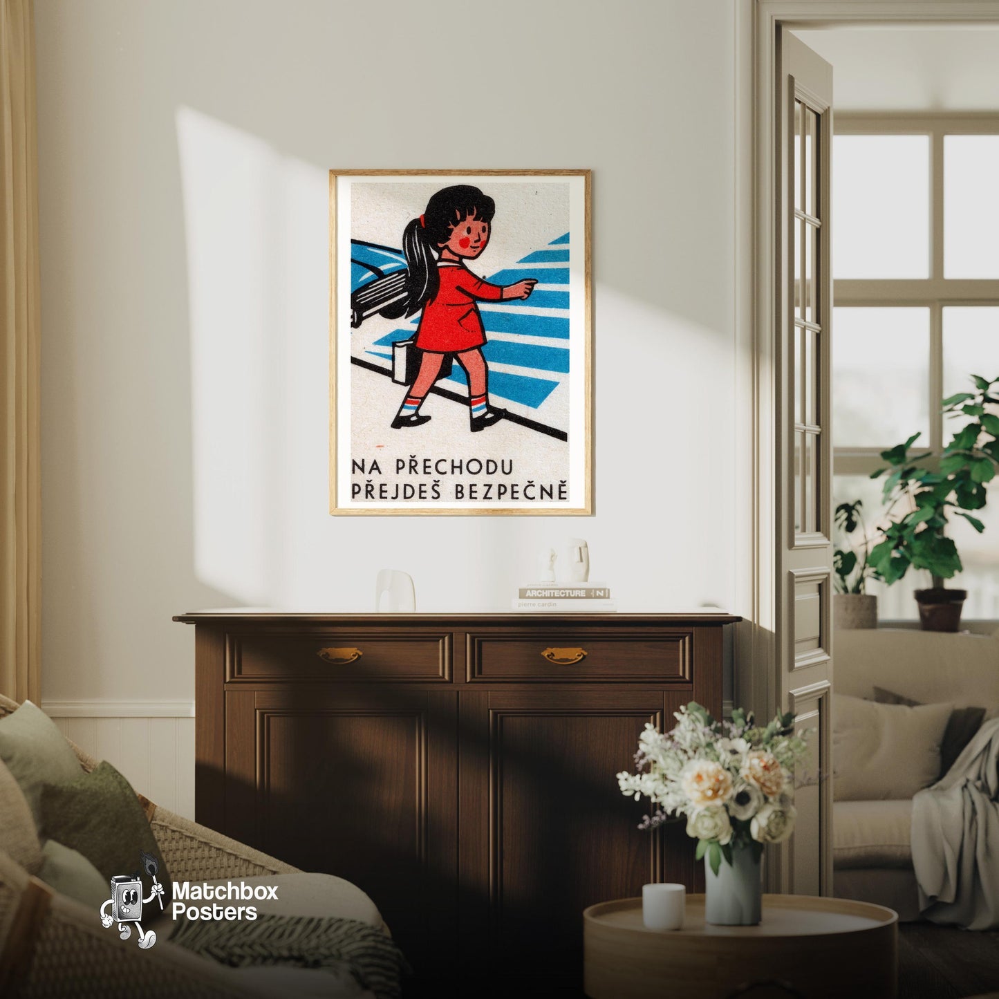 Girl Crossing Street - vintage matchbox label print - living room mockup