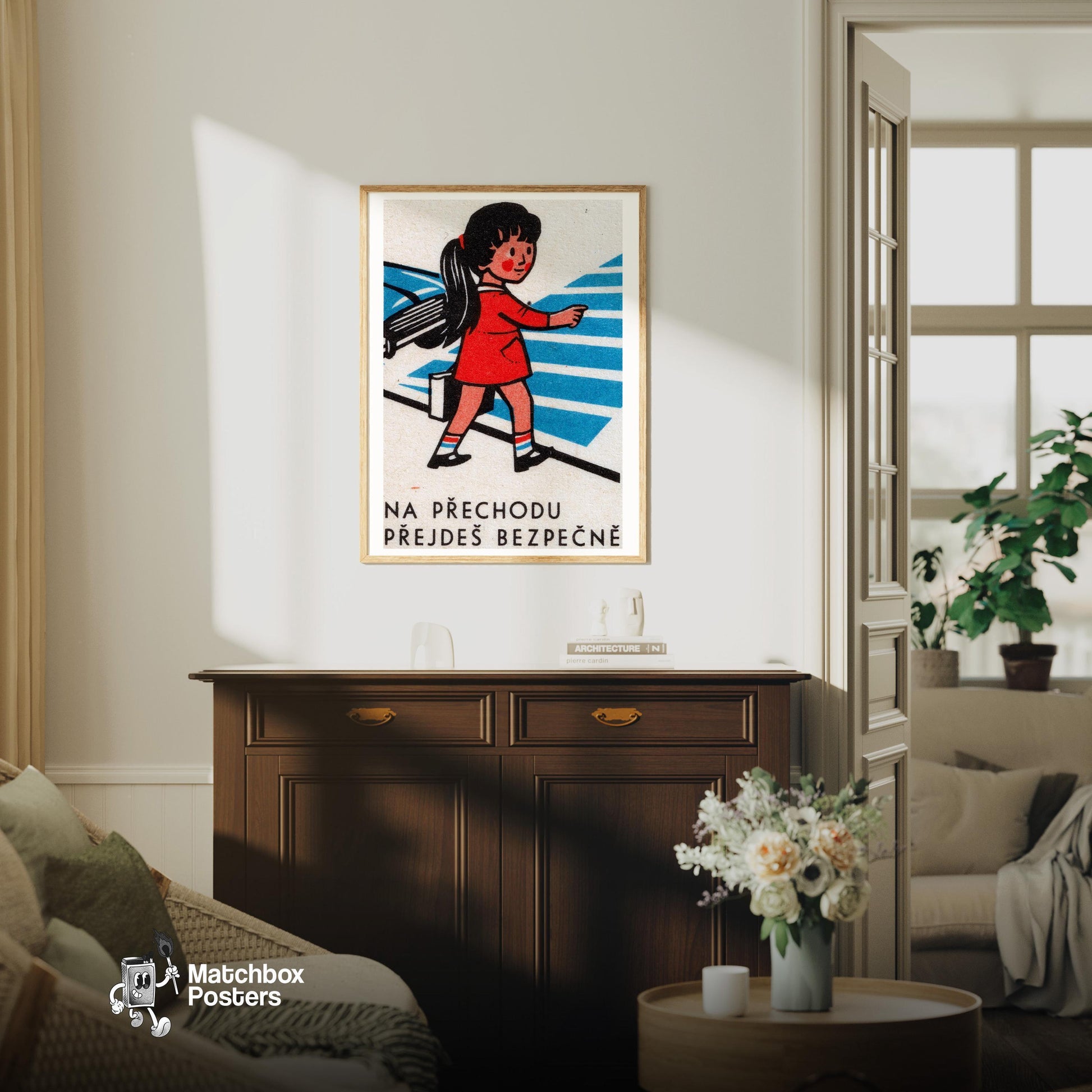Girl Crossing Street - vintage matchbox label print - living room mockup