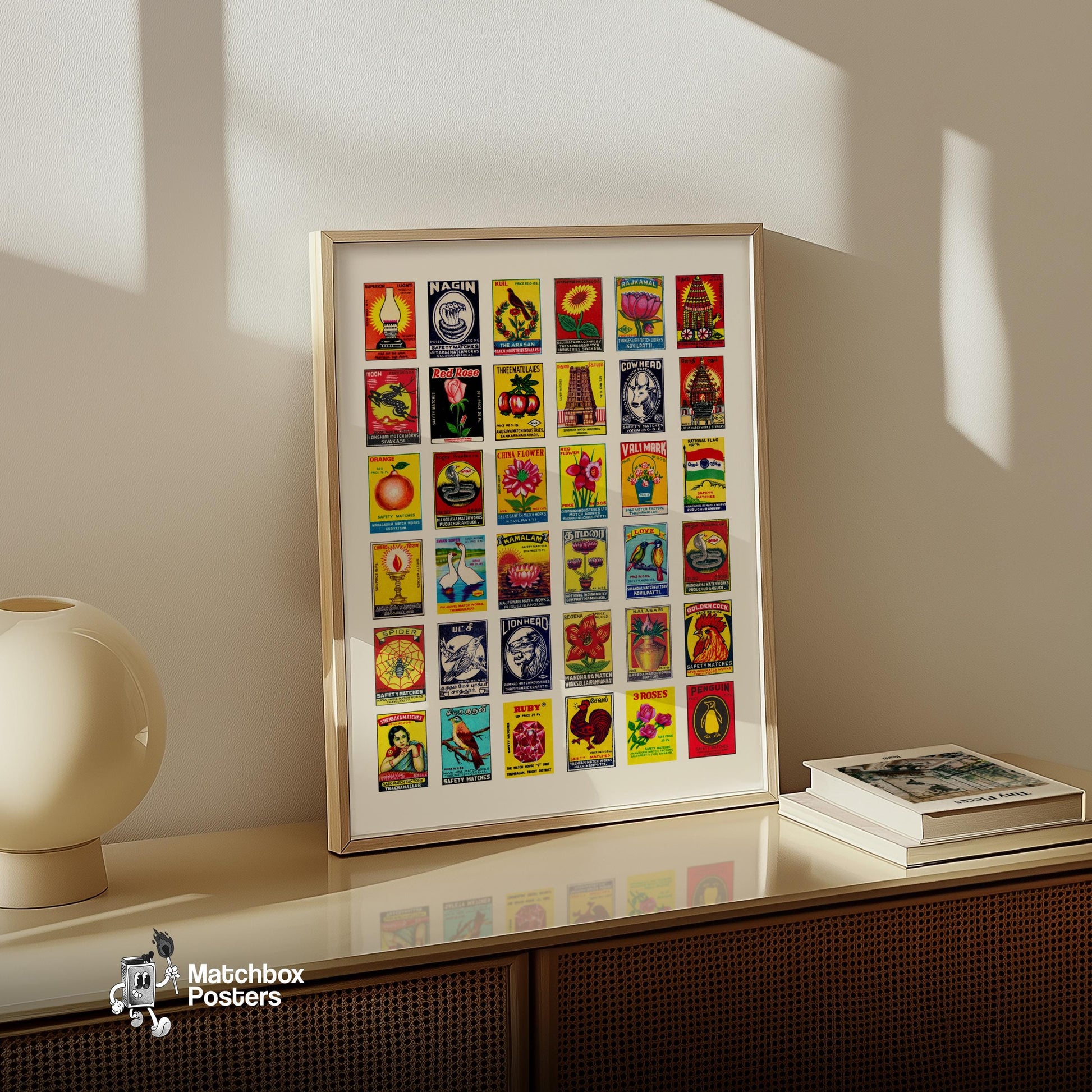 Tamil Collage Print - vintage matchbox label print - bedroom mockup