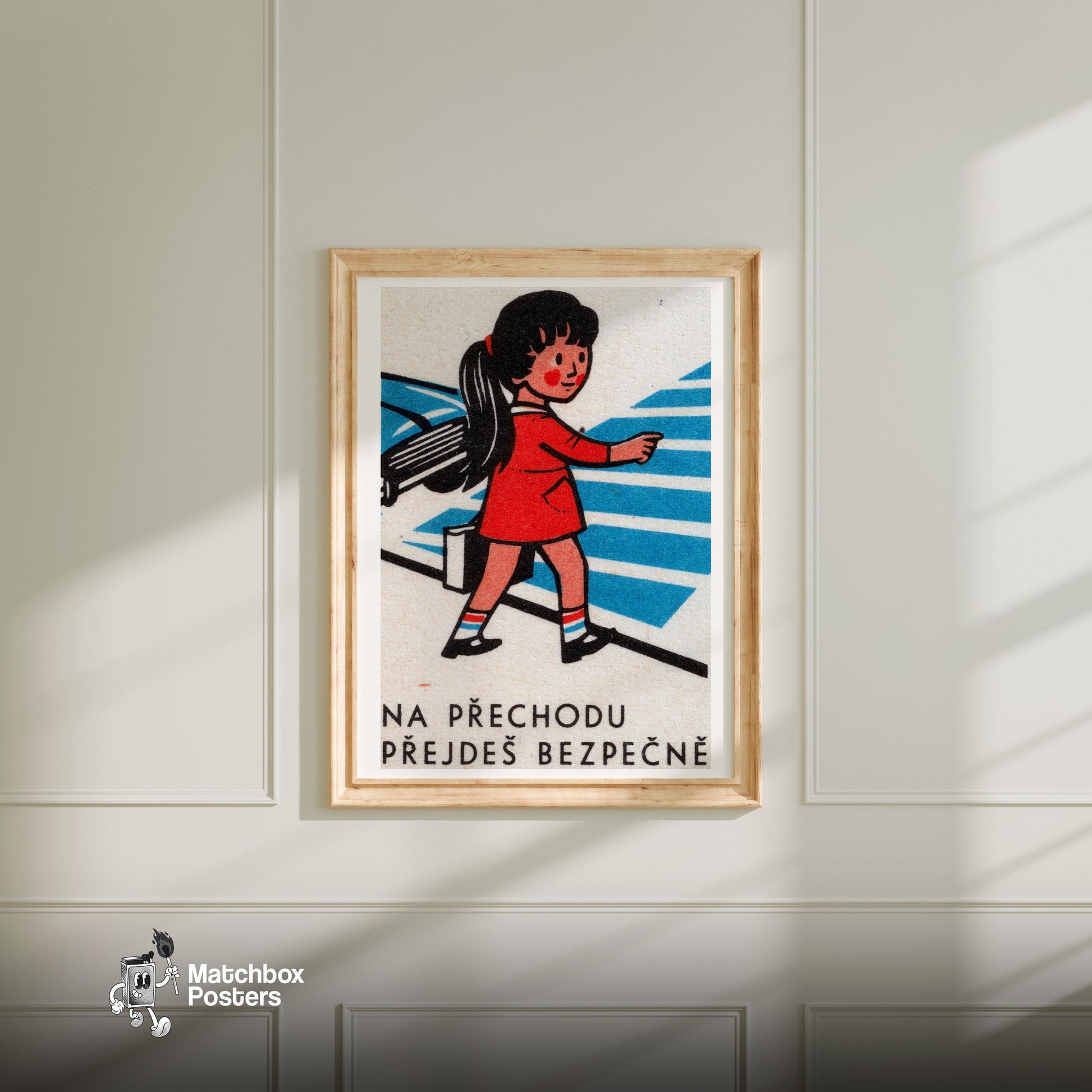 Girl Crossing Street - vintage matchbox label print - bedroom mockup