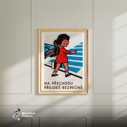 Girl Crossing Street - vintage matchbox label print - bedroom mockup