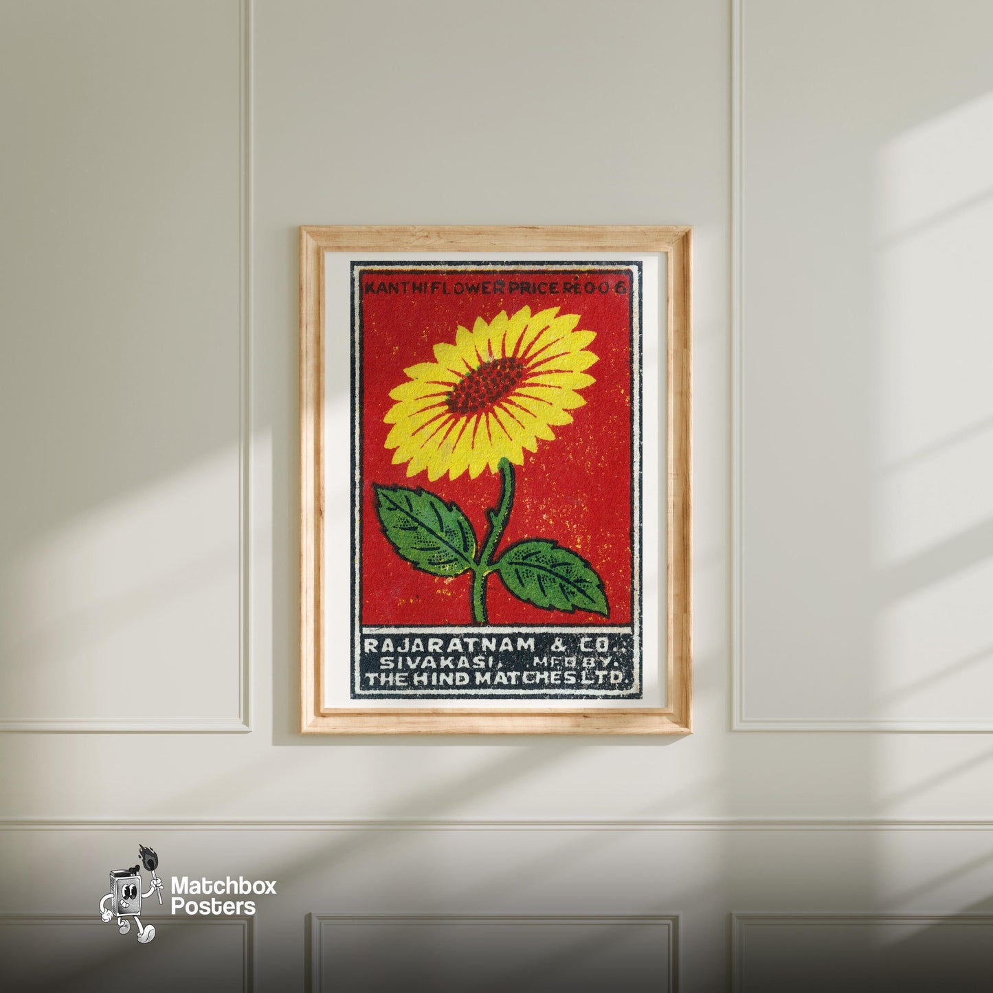 Yellow Flower - vintage matchbox label print - bedroom mockup