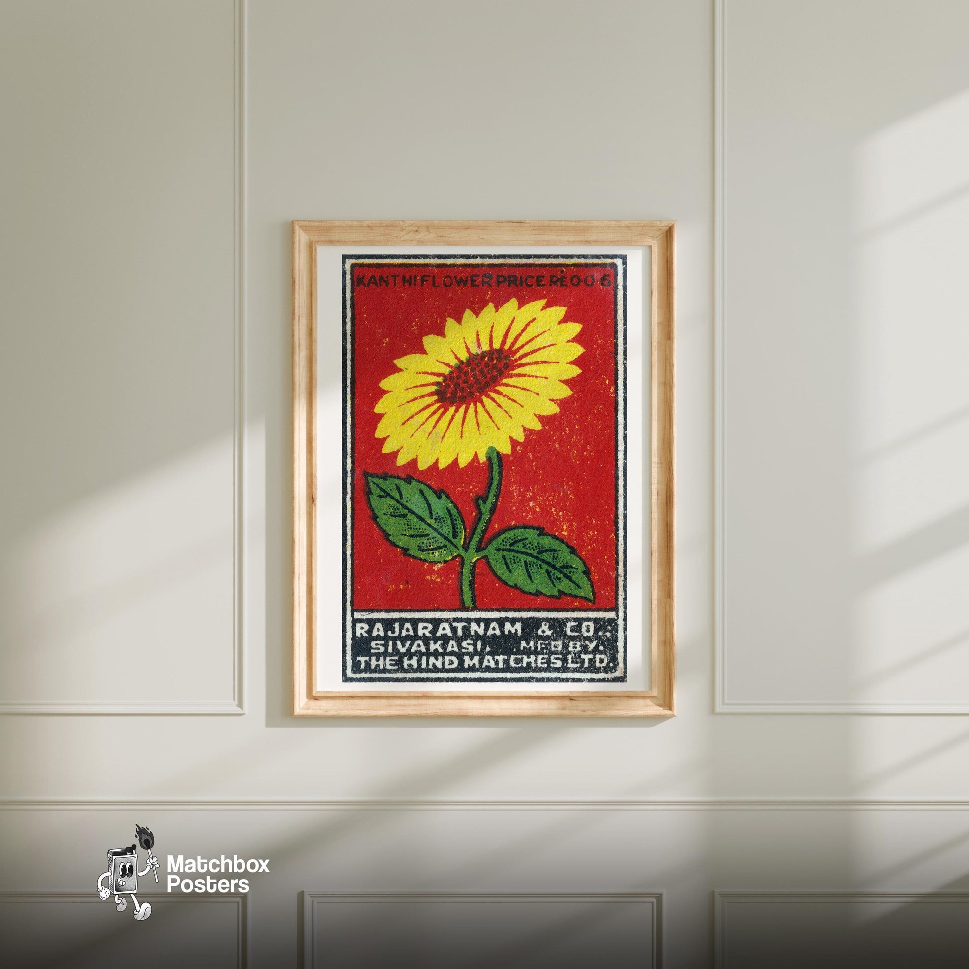 Yellow Flower - vintage matchbox label print - bedroom mockup