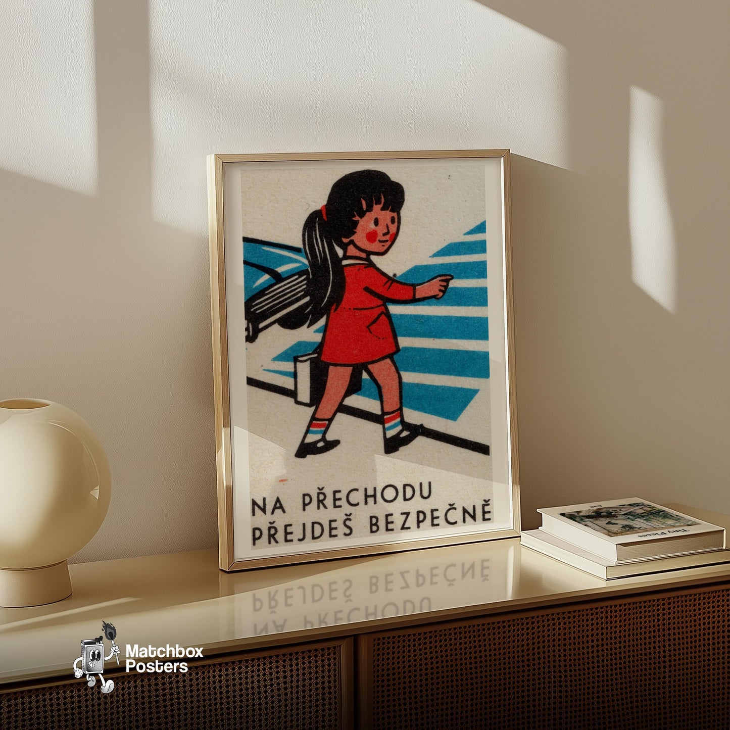 Girl Crossing Street - vintage matchbox label print - size comparison