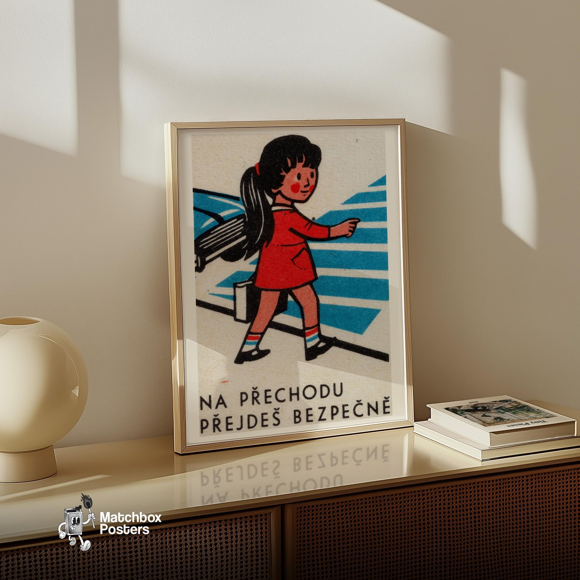 Girl Crossing Street - vintage matchbox label print - size comparison