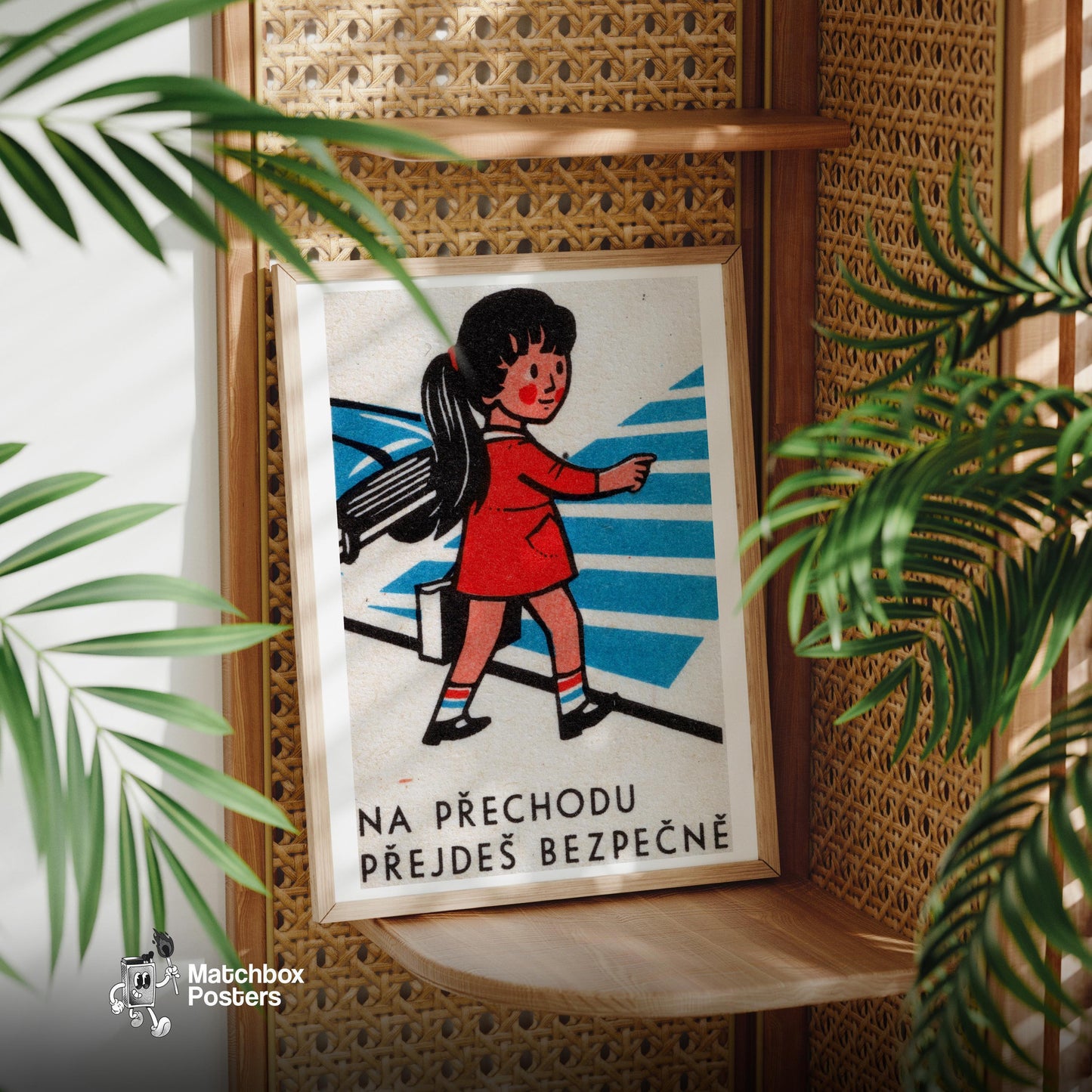 Girl Crossing Street - vintage matchbox label print - office wall