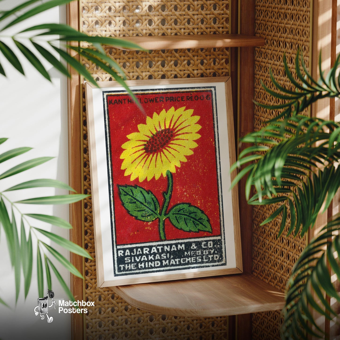 Yellow Flower - vintage matchbox label print - office wall