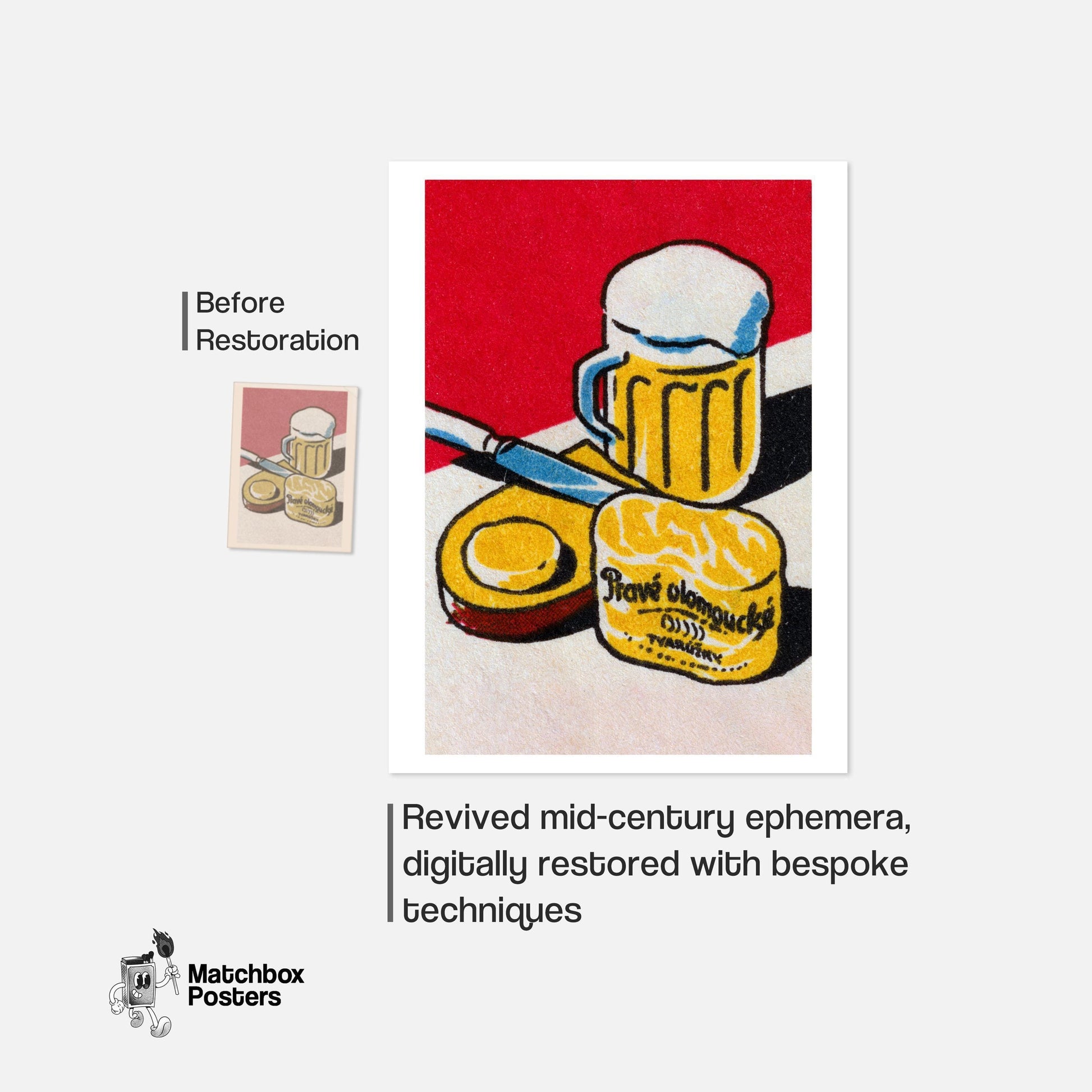 Beer Mug and Cheese - vintage matchbox label print - framed wall art preview