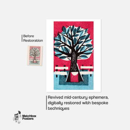 Tree with Park Benches - vintage matchbox label print - framed wall art preview