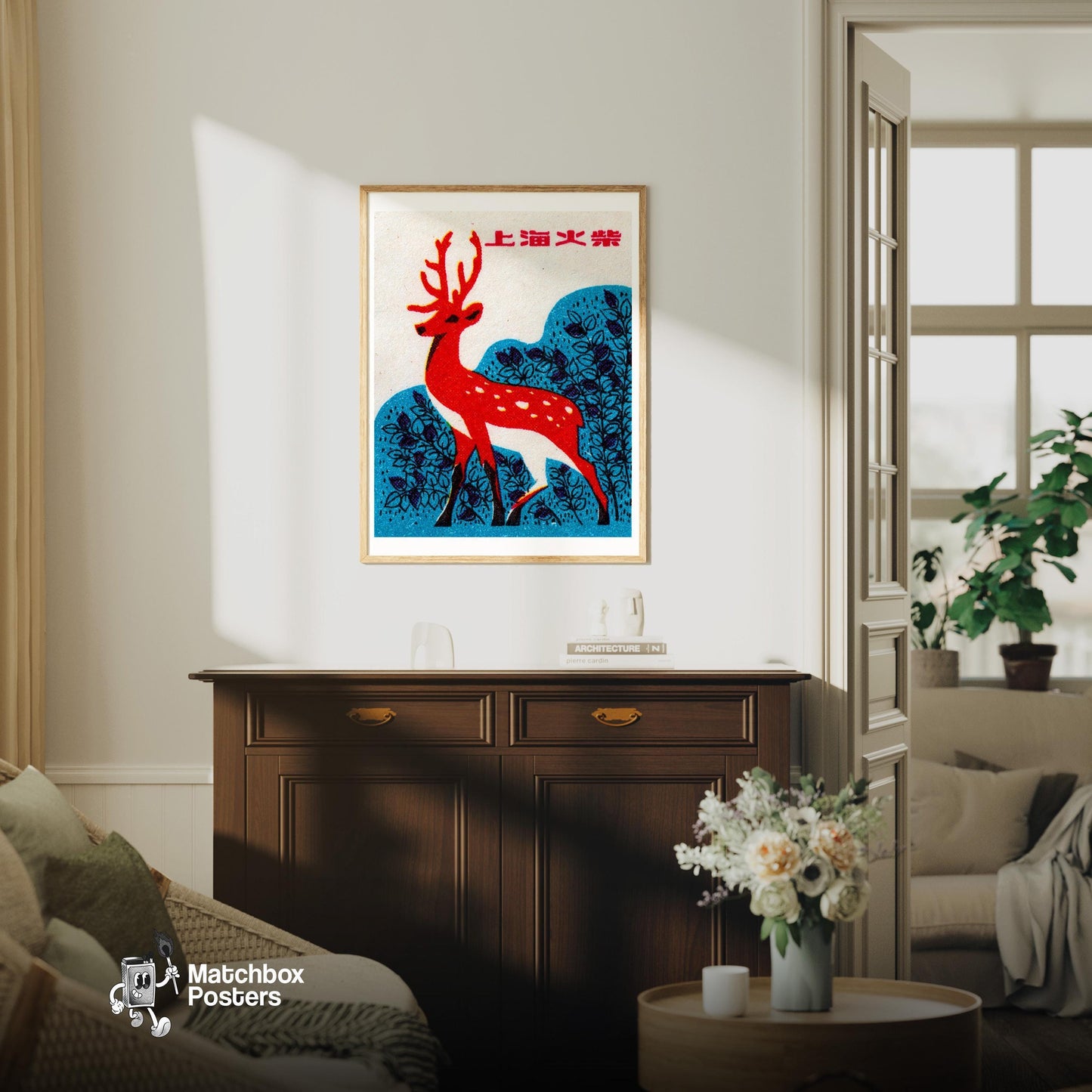 Red Deer Shanghai 1960s-70s Matchbox Label - vintage matchbox label print - living room mockup